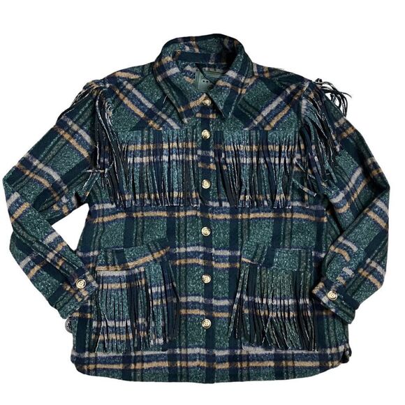 Blank NYC Jacket Women’s XL Green Plaid Shacket Fringe Button Down Pockets - Picture 2 of 16